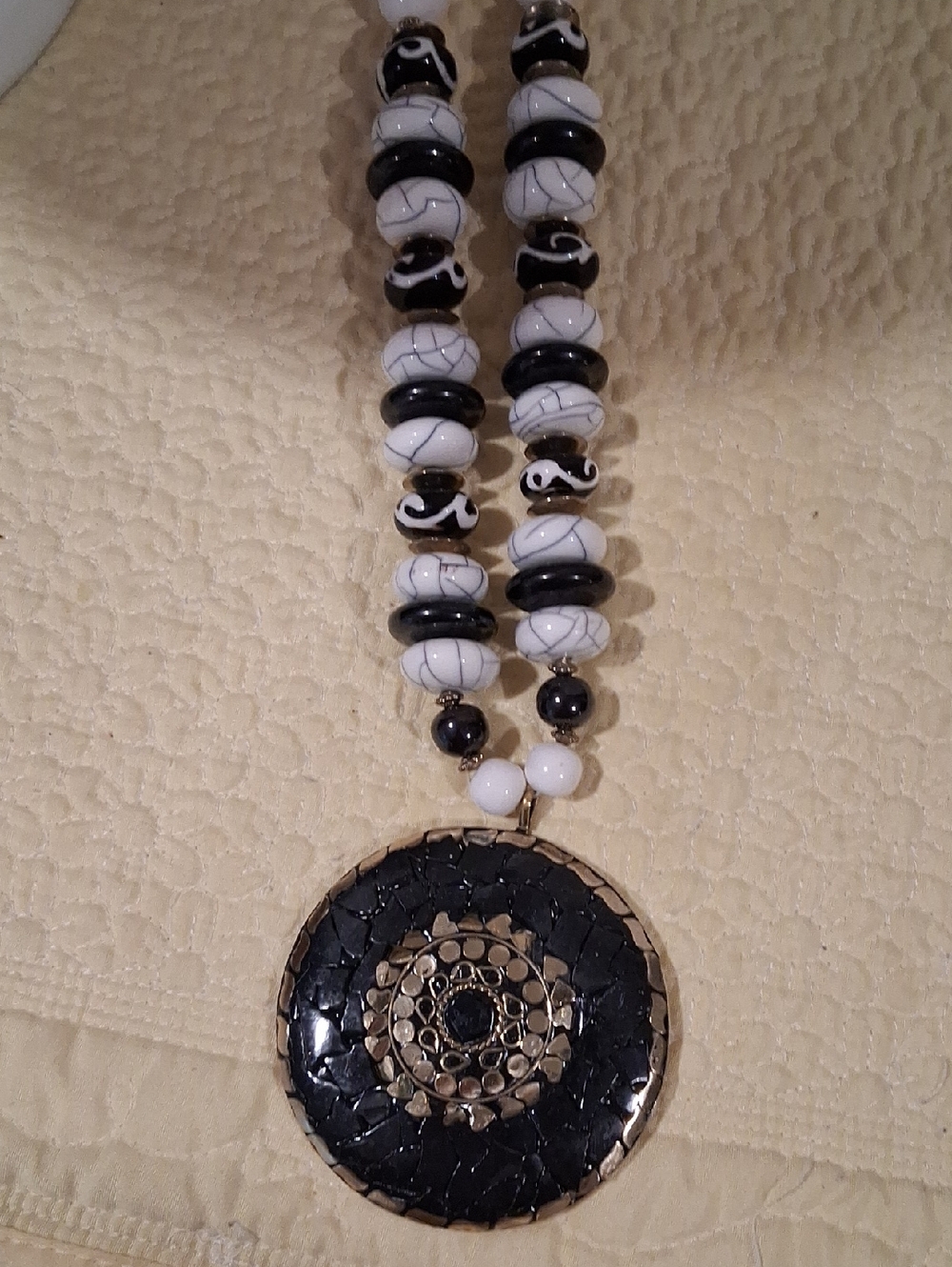 Black & White Beaded Necklace with Round Mosaic Pendant